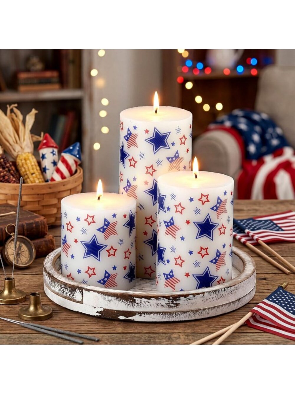 Set of 3 Patriotic Red White Blue Pillar Candles for 4th of July Decor